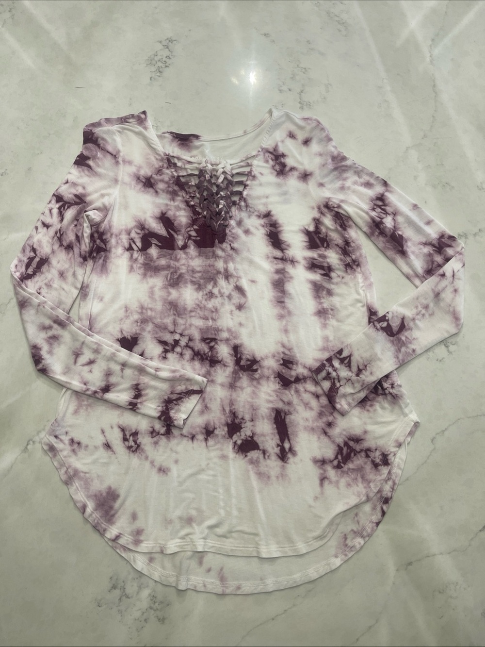 Women’s AE Purple Tie-Dye Long Sleeve Top with Lattice Detail